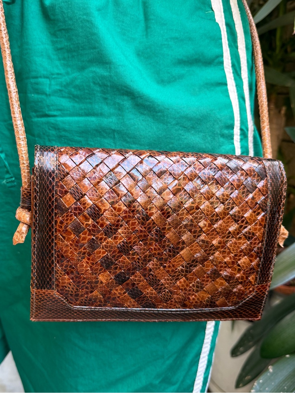 Vintage Brown Woven Snake Skin Crossbody Bag